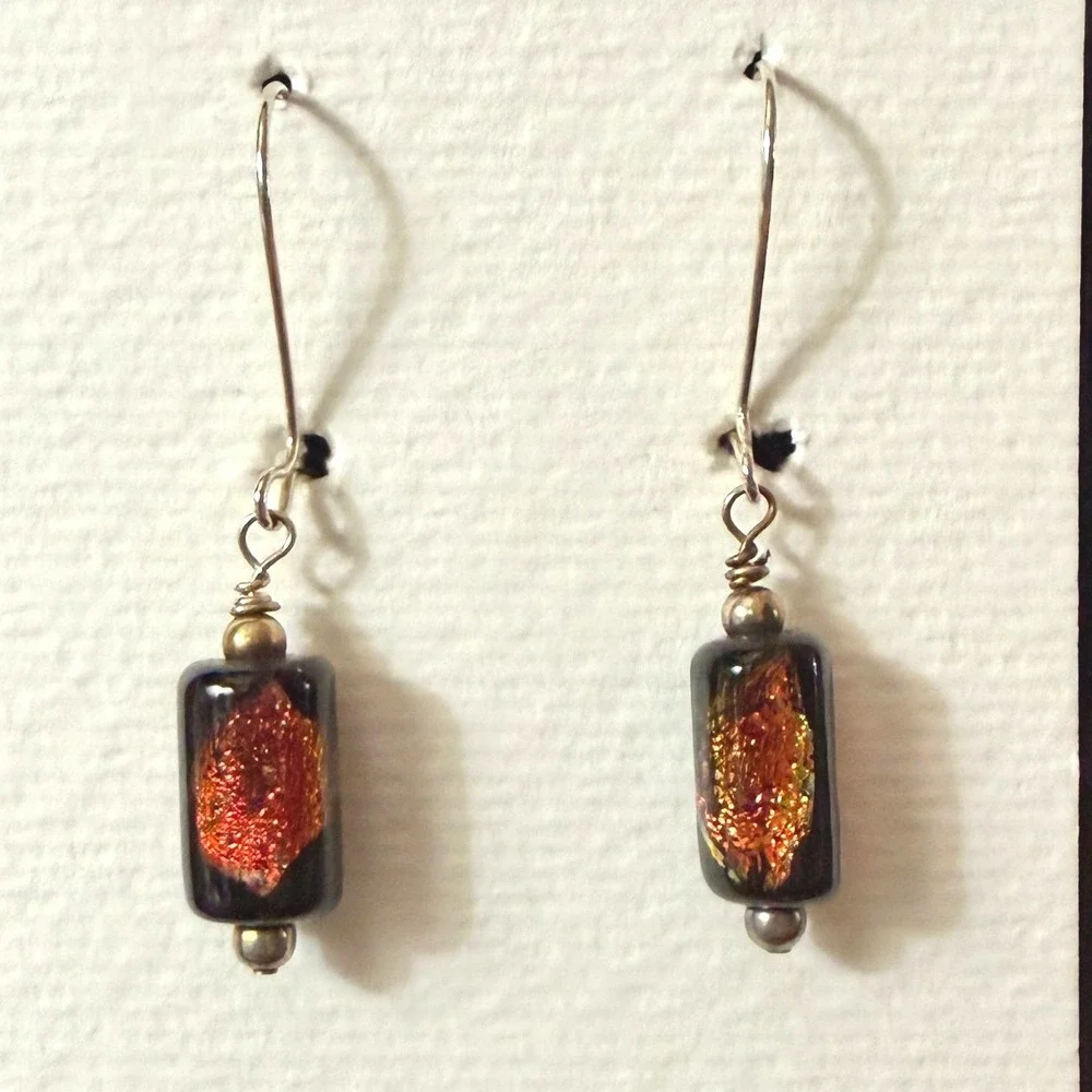 Dichroic Glass Bead‎ Drop Earrings Iridescent blk copper Cylinder Stephanie Aune